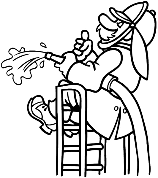 Fireman and hose on ladder vinyl sticker. Customize on line. Fires And Smoke 037-0084